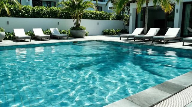 Luxurious turquoise swimming pool with lounge chairs and palm trees on a sunny day at a resort