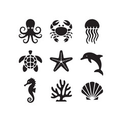 Fototapeta premium collection of black sea creature and marine life icons on white background including octopus crab jellyfish turtle starfish dolphin seahorse coral and shell.
