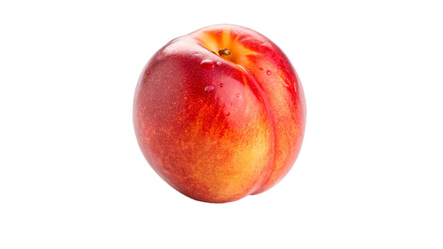 Fresh nectarine with droplets of water sitting on a plain white background