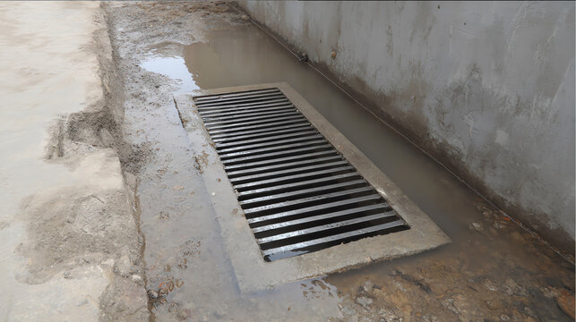 A view of a drainage system with a metal grate, surrounded by wet concrete in an industrial setting.