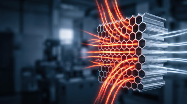 Thermal management heat transfer metal honeycomb cooling system in industrial equipment with glowing airflow and engineering design