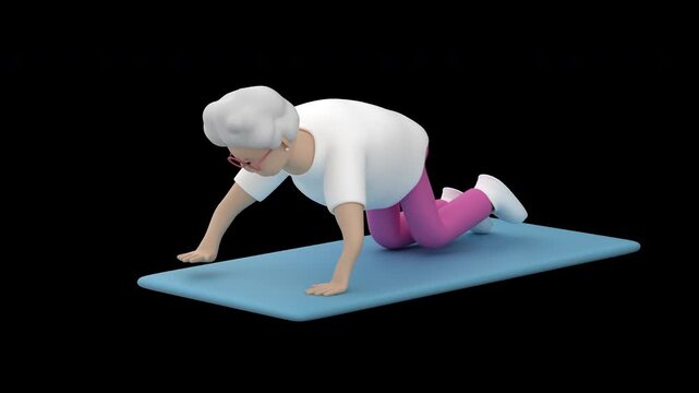 Stylized animation of an elderly woman doing a quadruped opposite arm and leg extension on a mat, 3d render with an alpha channel.