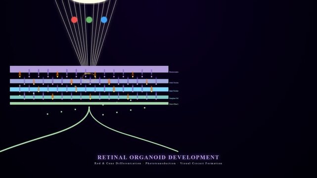 Visualizing intricate retinal structure formation crucial for Organoid Disease Modeling, illustrating cellular differentiation, photoreceptor development, and neural connectivity.