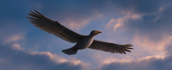 Fototapeta premium Graceful Archaeopteryx soars through the azure sky showcasing its magnificent feathered wingspan.