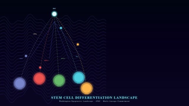 Visualizing the intricate process of Organoid Disease Modeling through stem cell differentiation landscape progression, illustrating cellular commitment and therapeutic potential.