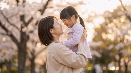 Fototapeta premium Japanese mother lifting daughter in park, joyful family bonding moment, spring outdoor lifestyle, motherhood love and parenting connection, Mother’s Day theme