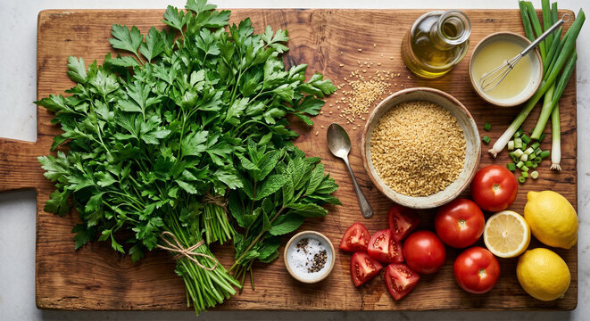 Cinematic flat lay of fresh Tabbouleh ingredients on Lebanese cedar wood