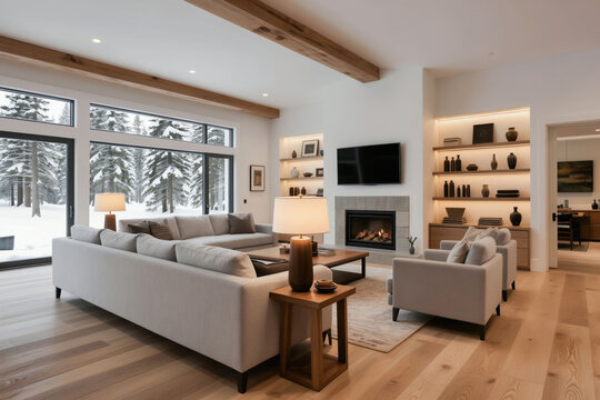 Modern living room with fireplace and large windows overlooking a snowy forest. Comfortable sofas and chairs create a warm inviting space. Natural wood flooring and beams add rustic charm.