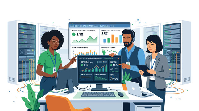 Diverse team of IT workers monitoring data center energy performance and sustainable technology metrics on screens in a modern telecommunication server room