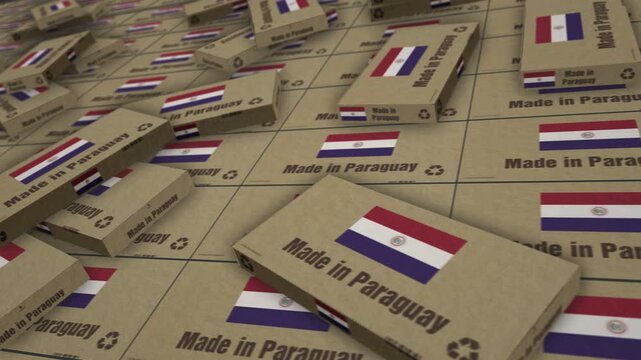 Made in Paraguay box production line. Paraguayan export import Cardboard pack factory. Abstract concept background 3d loopable seamless.