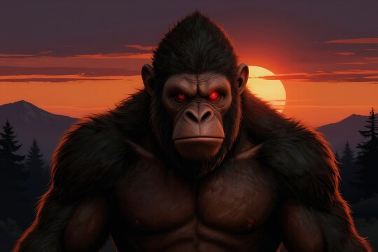 Muscular Sasquatch with glowing red eyes stands before vibrant sunset. Mythical creature portrait art legendary ape in dark, wild forest setting. Creature looms ominously against mountain backdrop.