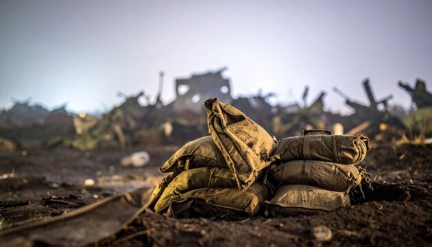 Weathered ration packs stacked near a foxhole in a desolate warzone environment with blurred ruins in the background representing survival and conflict during a harsh military campaign.