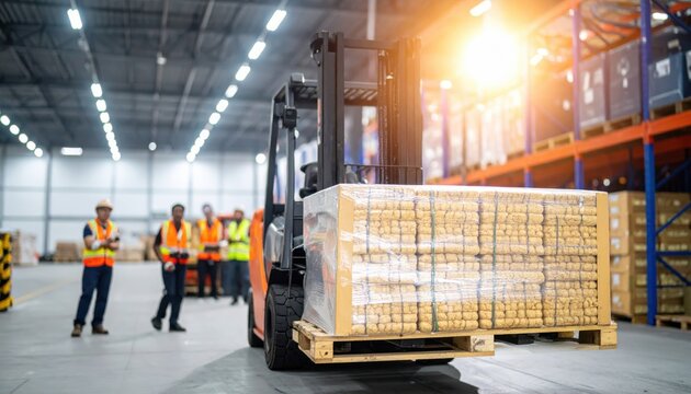 Industrial forklift operator lifting a pallet of food rations in a large busy warehouse facility with staff members wearing high visibility safety vests in the background area.