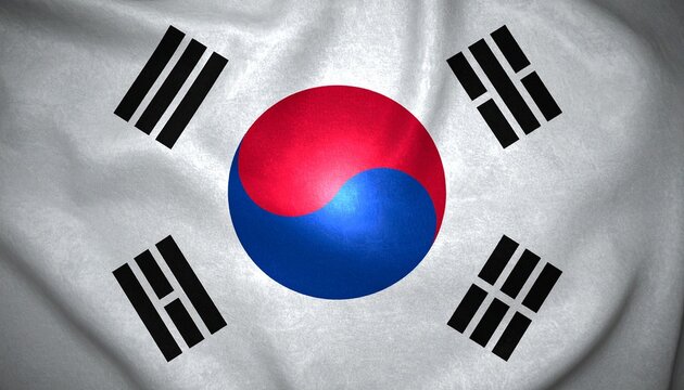 A surreal pastel dreamscape of South Korea&rsquo;s flag, white field with Taegeuk yin‑yang and trigrams, symbolizing harmony, balance, heritage, and imaginative cultural resilience.