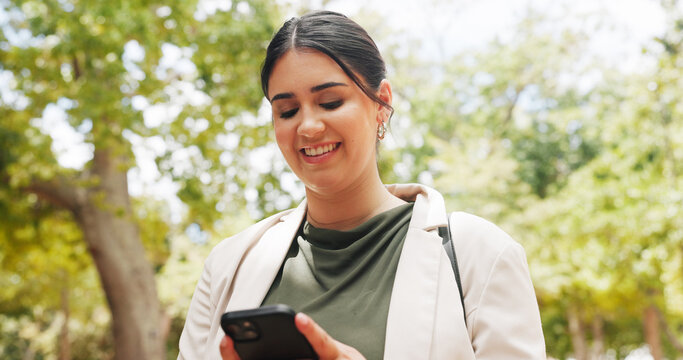 Park, smile or business woman with phone, client communication or check hearing schedule for case. Contact, outdoor or lawyer with mobile for lawsuit update email, review court brief or trial summary