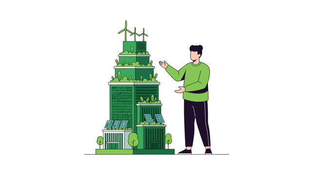 A man in a green sweater stands next to a tall vertical green building covered in plants, solar panels, and wind turbines on a white background.