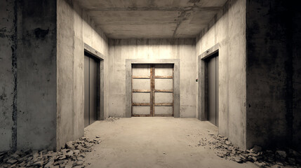 Fototapeta premium A dimly lit concrete hallway with elevator doors, showcasing industrial design and an abandoned atmosphere.