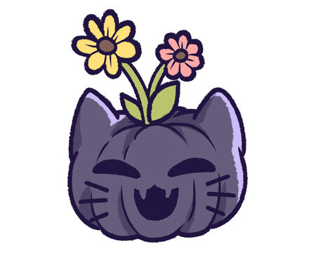 Pumpkin drawn as a black cat with flowers. PNG transparent background. Clip art for Halloween decoration, gothic design element, holiday. 	
