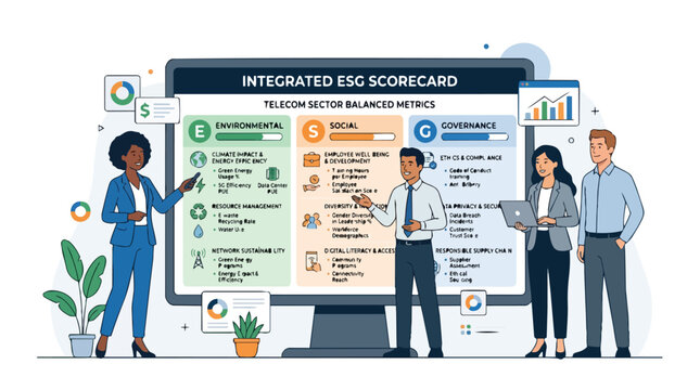 Diverse telecommunication workers analyze an integrated ESG scorecard, showcasing environmental, social, and governance metrics for sustainable business practices and corporate responsibility.