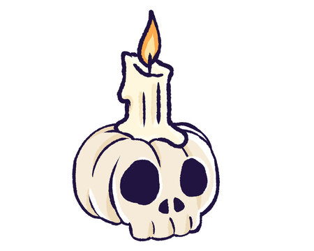 Pumpkin drawn as a skull with lit candle. PNG transparent background. Clip art for Halloween decoration, gothic design element, holiday. 	

