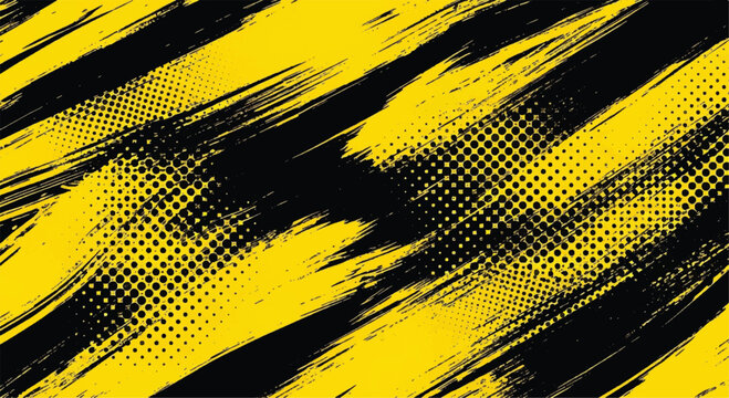 Dynamic yellow and black grunge brush stroke background with halftone texture and motion.