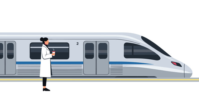 A woman in a long white coat holding a cup of coffee stands on a station platform next to a sleek silver high-speed train.