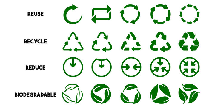 Reduce reuse recycle and biodegradable set icons for environmental concept of ecological waste management, sustainable and economical lifestyle signs collection - stock vector