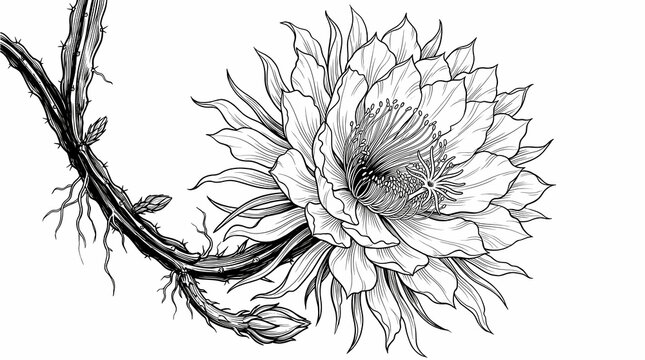 night blooming cereus flower, black and white illustration