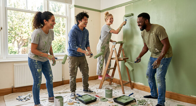 Group of multiethnic friends joyfully painting room wall together.
