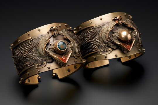 Pair of intricate brass bracers featuring reptilian designs and colorful gemstones on a dark background