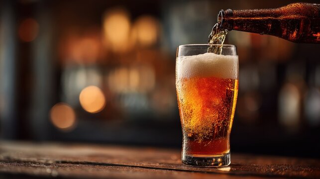 Golden amber beer filling a tall glass, creamy foam and condensation