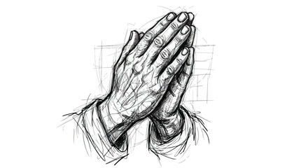 Praying hands sketch in monochrome line art, a reverent devotional depiction of spiritual devotion and contemplation