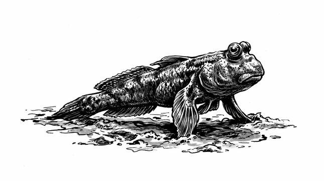 mudskipper fish walking on mud, black and white illustration