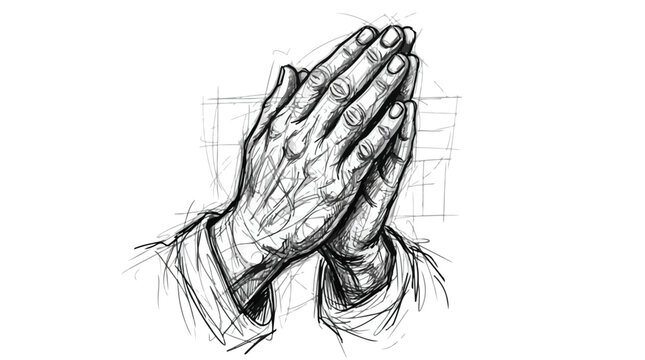 Praying hands sketch in monochrome line art, a reverent devotional depiction of spiritual devotion and contemplation