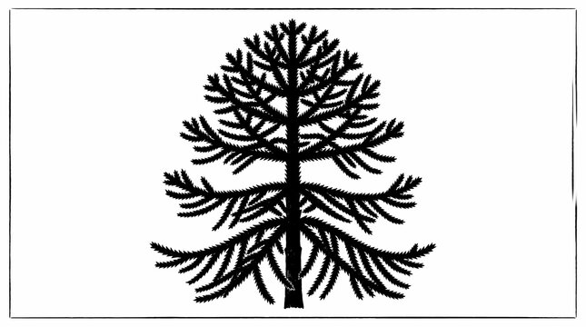 monkey puzzle tree silhouette, black and white, botanical illustration