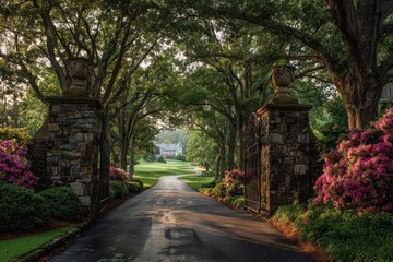 Obraz premium Grand stone gate and tree-lined driveway at a renowned golf club preparing for a marquee event