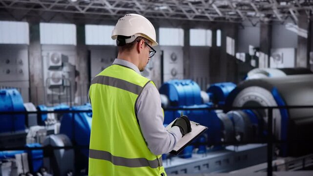 Engineer Carefully Inspects Gas Turbine Machine Ensuring Power Plant Runs