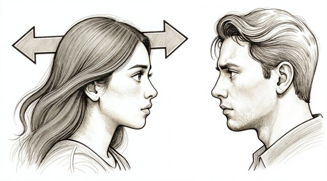 Man and woman face off with opposing arrows above heads. Illustrates differing opinions, emotional states, or personality types. Concept of contrast or conflict in human relations.