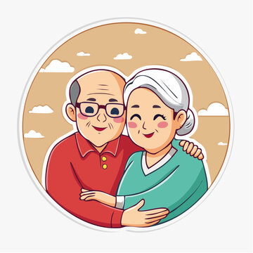 Happy elderly couple embracing, cartoon style