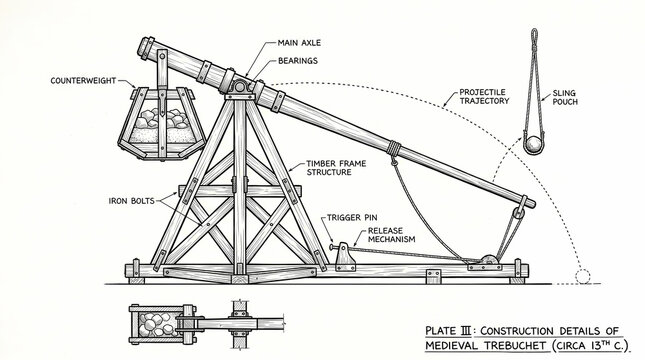 Detailed blueprint of medieval trebuchet siege engine technical construction plan