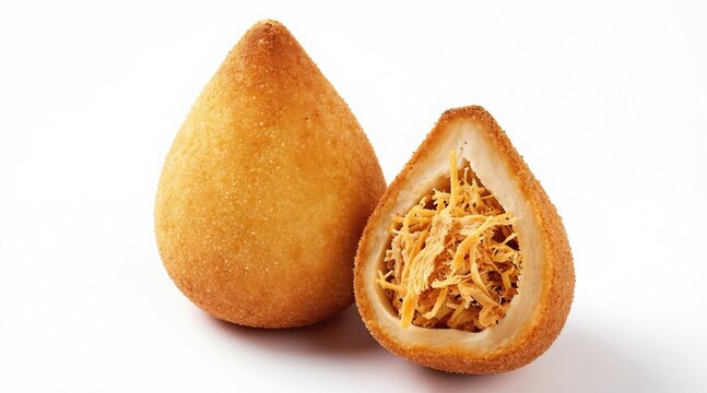 One whole and one half coxinha fried snack shown on white background. Crispy breaded exterior filled with shredded chicken. Popular Brazilian finger food.