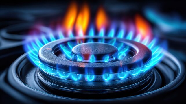 Vibrant flames of a gas stove burner illuminate the kitchen setting.