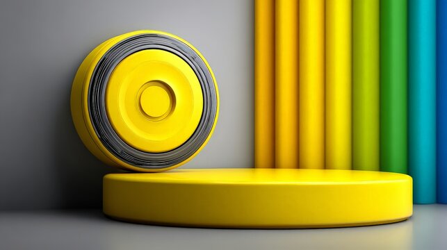 Colorful composition featuring a yellow object and vibrant stripes.
