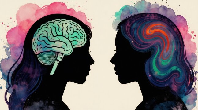 Two women silhouettes face each other. One head reveals a brain. Other head contains colorful swirls. Connection between minds or ideas. Abstract art.