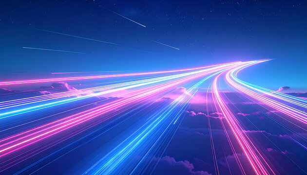 Abstract Light Trails Speeding Through Night Sky.
