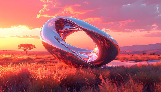 Abstract chrome torus sculpture in sunset field: metallic form reflecting vibrant orange sky and tall grass landscape in warm light