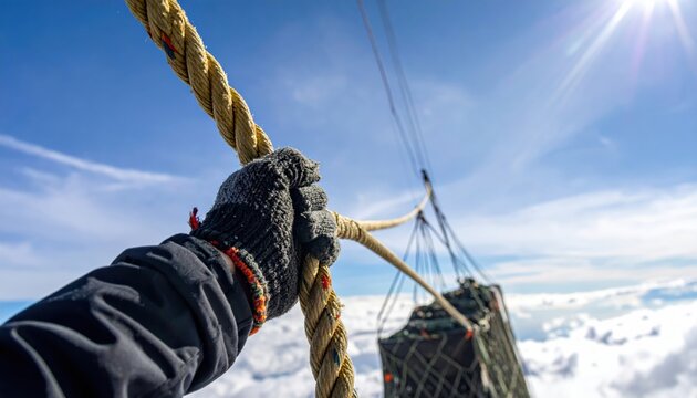 A gloved hand securing a heavy rope to a cargo net for aerial transport above the clouds.