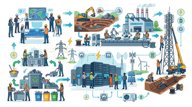 Comprehensive industrial process diagram showing diverse workers in telecommunication, energy, manufacturing, mining, and recycling, illustrating modern infrastructure development and circular economy
