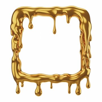 Liquid gold frame with melting metallic drips, luxurious golden square border, shiny molten metal texture on white background