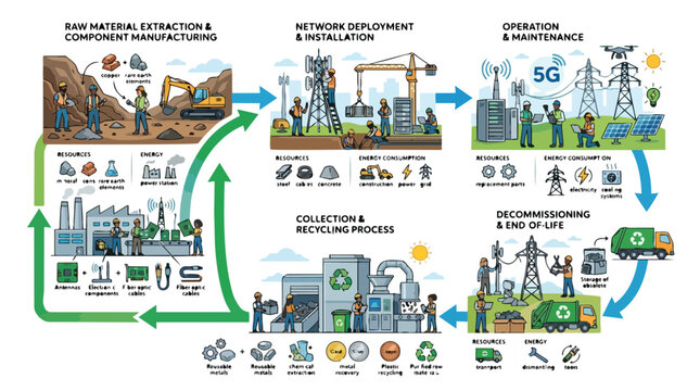 Complete lifecycle of 5G telecommunication infrastructure from raw material extraction to recycling illustrating sustainable practices and diverse workers